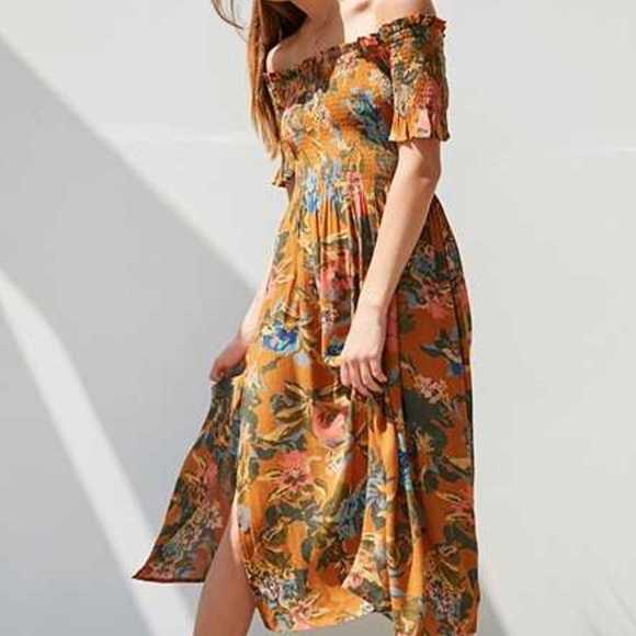 orange floral off the shoulder dress
